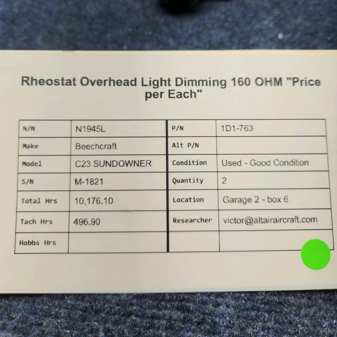 Used aircraft parts for sale, 1D1-763 Beechcraft C23 SUNDOWNER RHEOSTAT OVERHEAD LIGHT DIMMING 160 OHM "PRICE PER EACH"