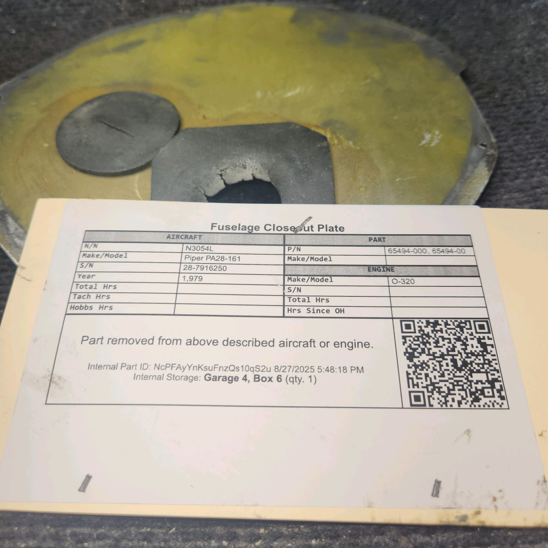 Used aircraft parts for sale, 65494-000 Piper PA28-161 Fuselage Closeout Plate