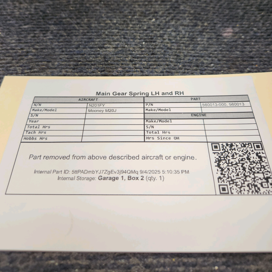 Used aircraft parts for sale, 560013-000 Mooney M20J Main Gear Spring - LH or RH