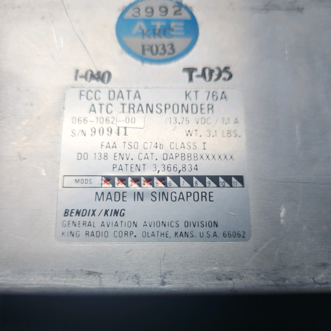Used aircraft parts for sale, 66-1062-00 Bendix King Mooney M20K KT 76A ATC TRANSPONDER 14 VOLT DC