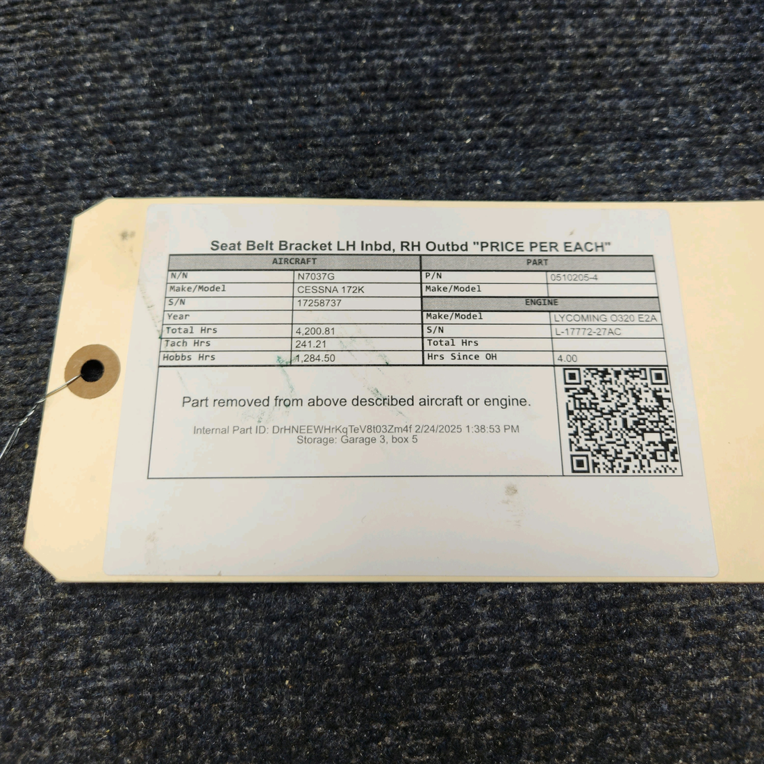 Used aircraft parts for sale, 0510205-4 CESSNA 172K SEAT BELT BRACKET LH INBD, RH OUTBD "PRICE PER EACH"
