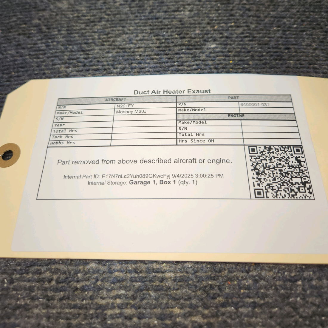 Used aircraft parts for sale, 640001-031 Mooney M20J Heater Exhaust Air Duct