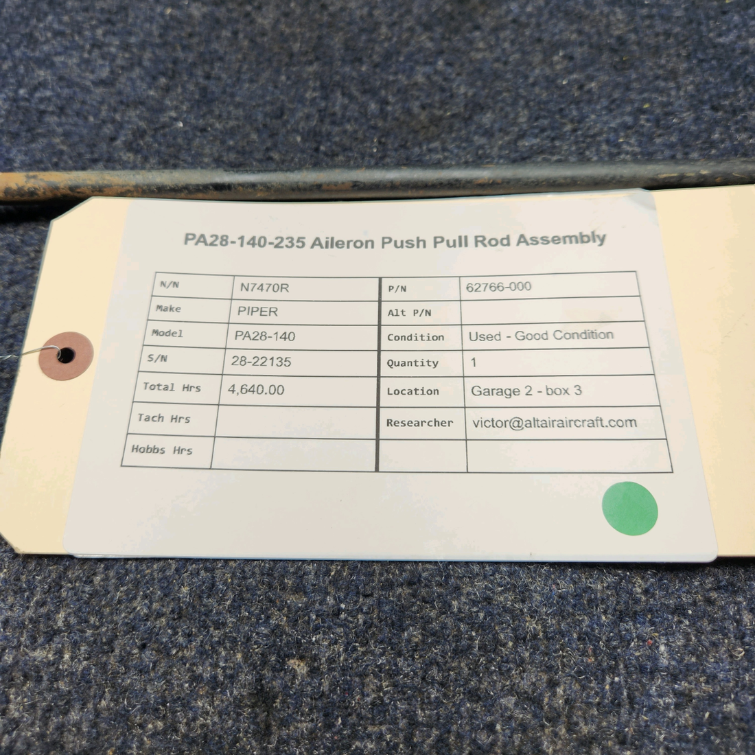 Used aircraft parts for sale, 62766-000 PIPER PA28-140 PA28-140-235 AILERON PUSH PULL ROD ASSEMBLY