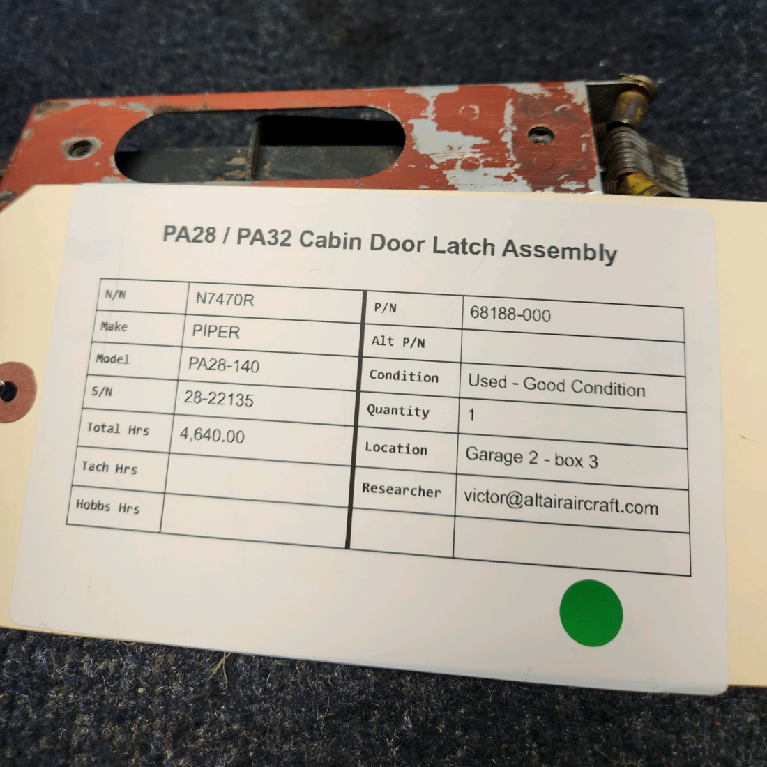 Used aircraft parts for sale, 68188-000 PIPER PA28-140 PA28 / PA32 CABIN DOOR LATCH ASSEMBLY