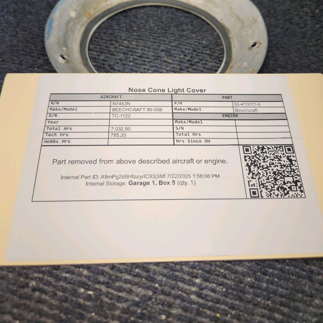 Used aircraft parts for sale, 95‑410011‑5 BEECHCRAFT 95-55B Nose Cone Light Cover