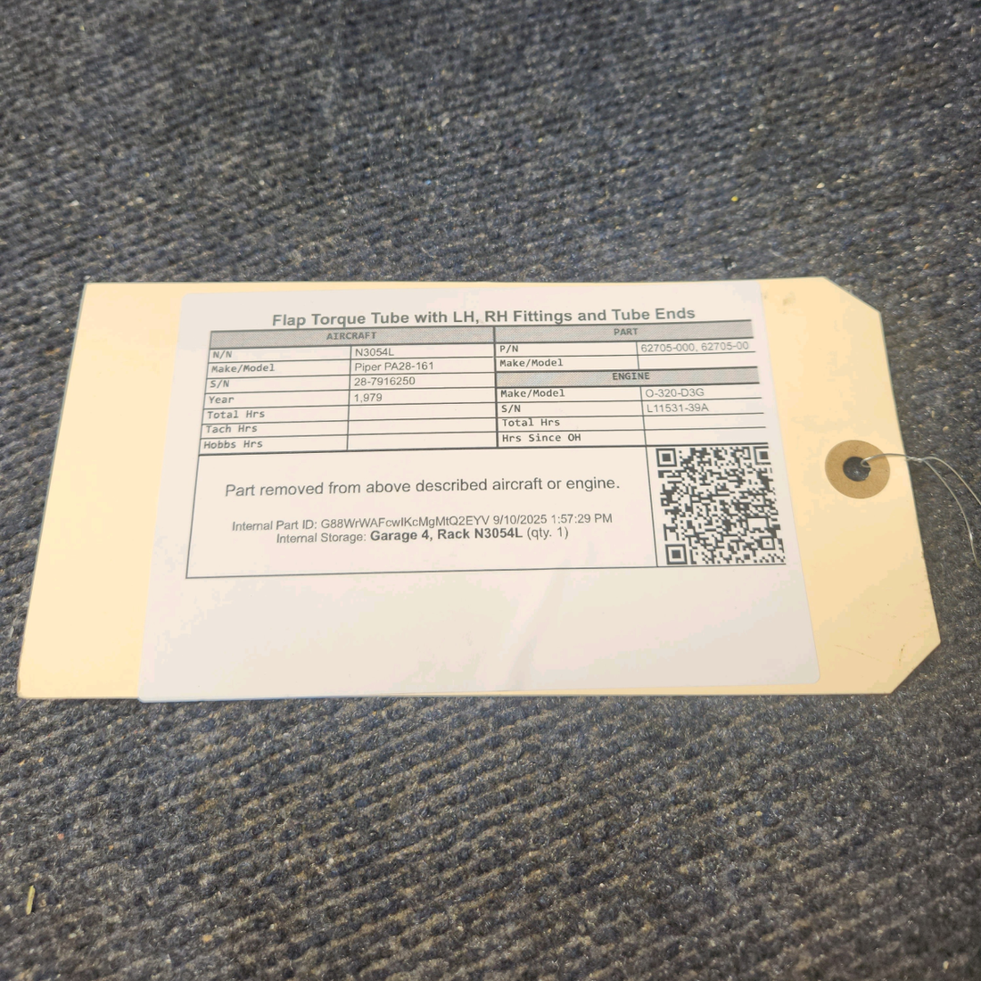 Used aircraft parts for sale, 62705-000 Piper PA28-161 Flap Torque Tube with LH/RH Fittings and Tube Ends