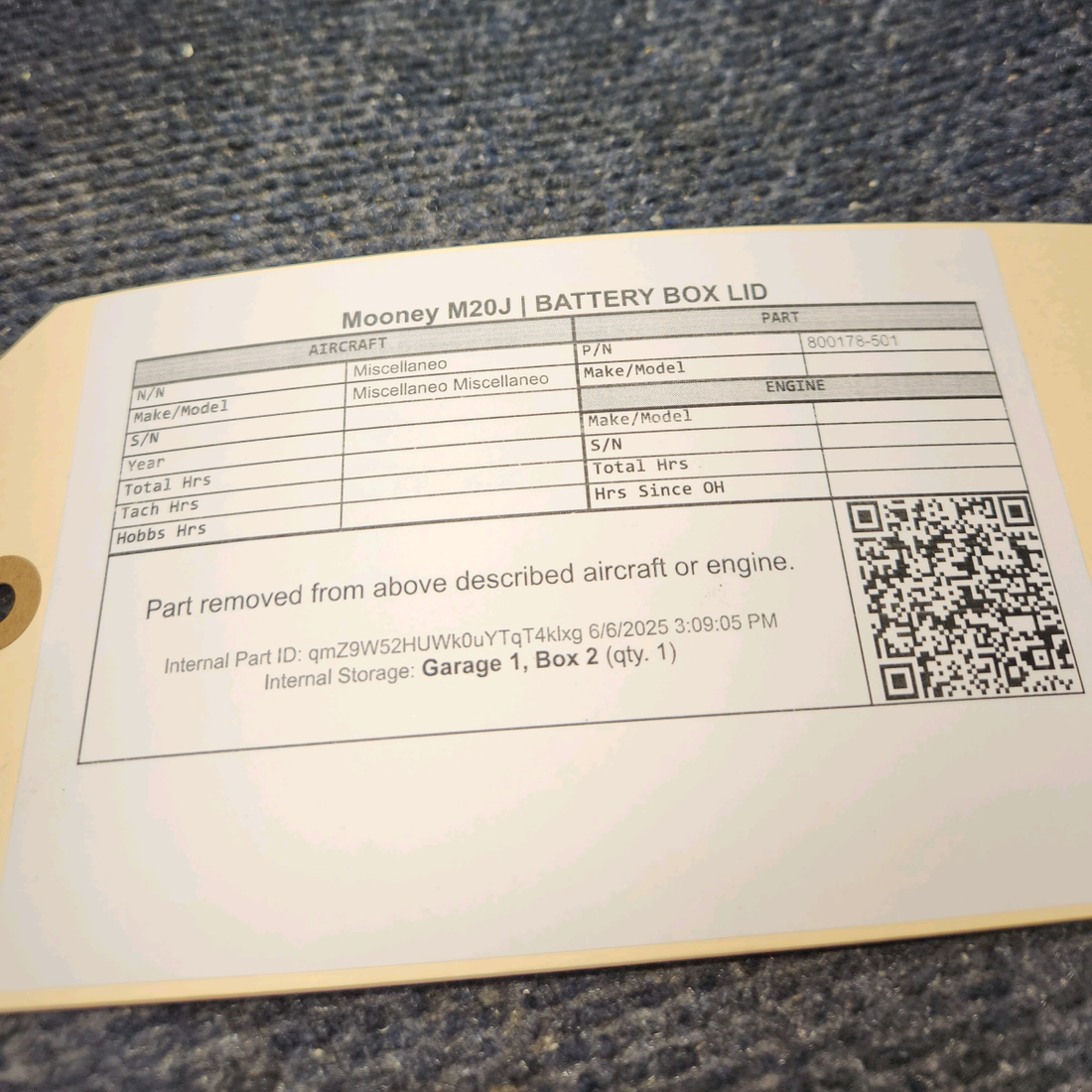 Used aircraft parts for sale, 800178-501 Mooney M20J BATTERY BOX LID