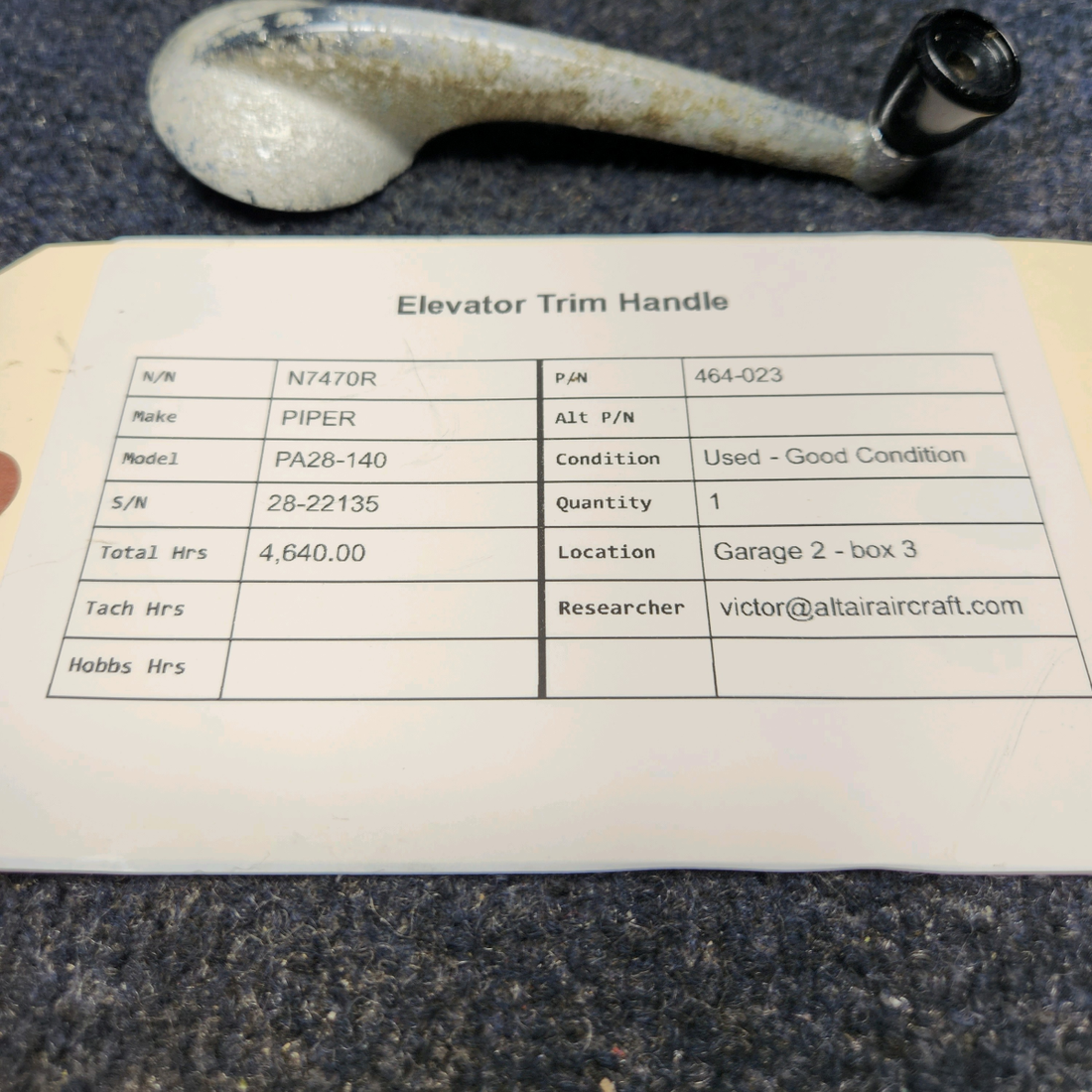 Used aircraft parts for sale, 464-023 PIPER PA28-140 ELEVATOR TRIM HANDLE