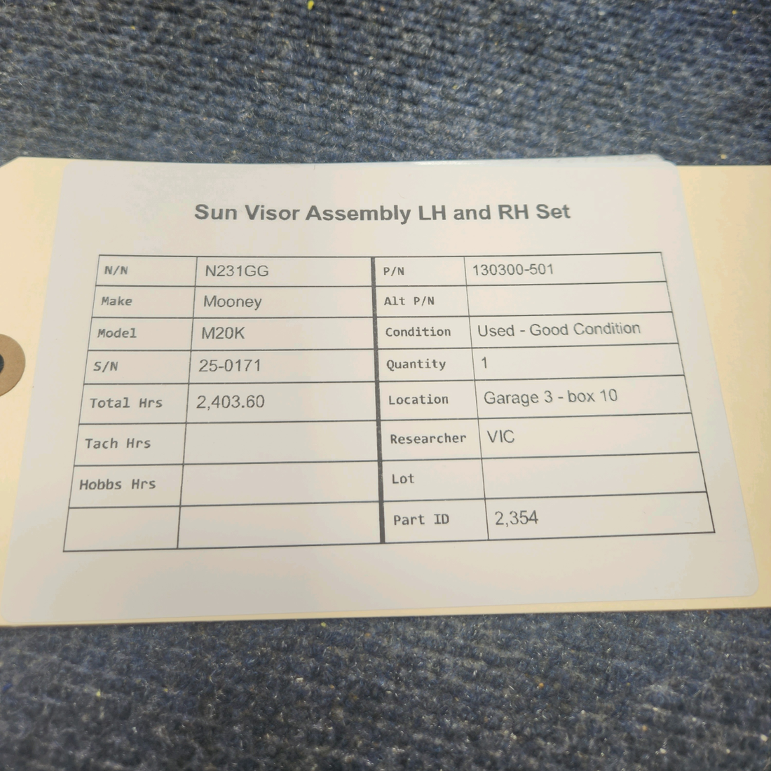 Used aircraft parts for sale, 130300-501 Mooney M20K SUN VISOR ASSEMBLY LH AND RH SET