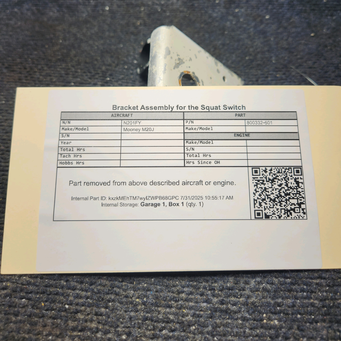 Used aircraft parts for sale, 800332‑501 Mooney M20J Bracket Assembly Squat Switch