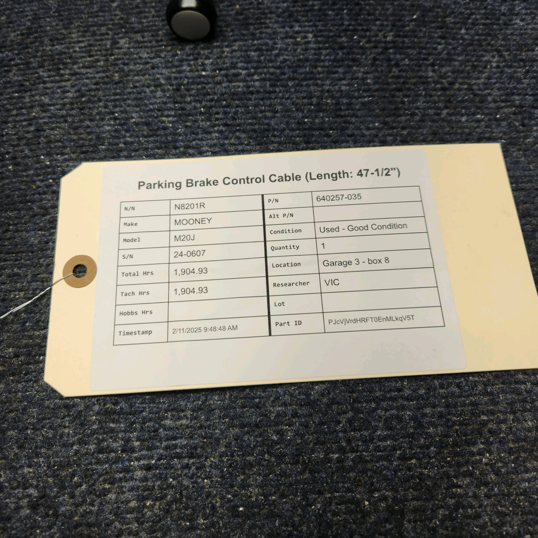 Used aircraft parts for sale, 640257-035 Mooney M20J PARKING BRAKE CONTROL CABLE (LENGTH: 47-1/2")