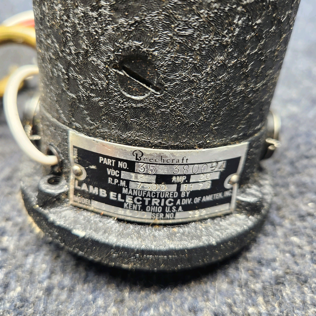 Used aircraft parts for sale, 35-380094-3 Lamb Electric BEECHCRAFT F35 LANDING GEAR RETRACT MOTOR 12 VOLTS