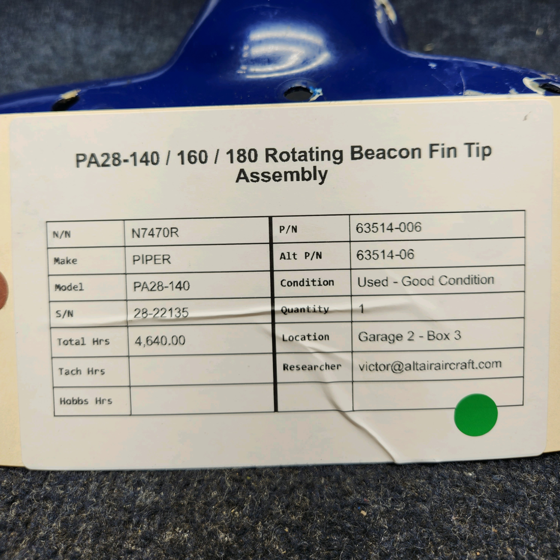 Used aircraft parts for sale, 63514-006 PIPER PA28-140 ROTATING BEACON FIN TIP ASSEMBLY