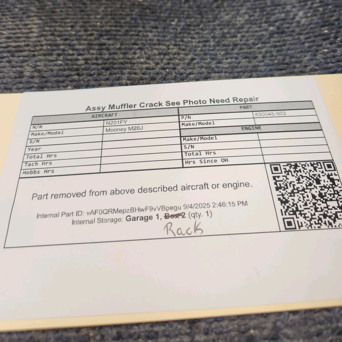 Used aircraft parts for sale, 630045-503 Mooney M20J Muffler Assy