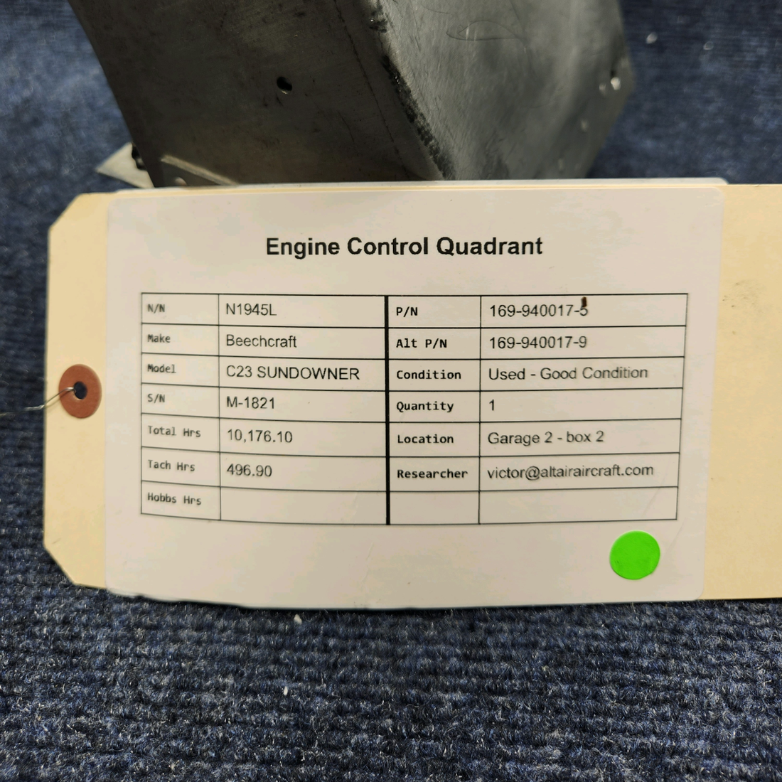 Used aircraft parts for sale, 169-940017-5 Beechcraft C23 SUNDOWNER ENGINE CONTROL QUADRANT
