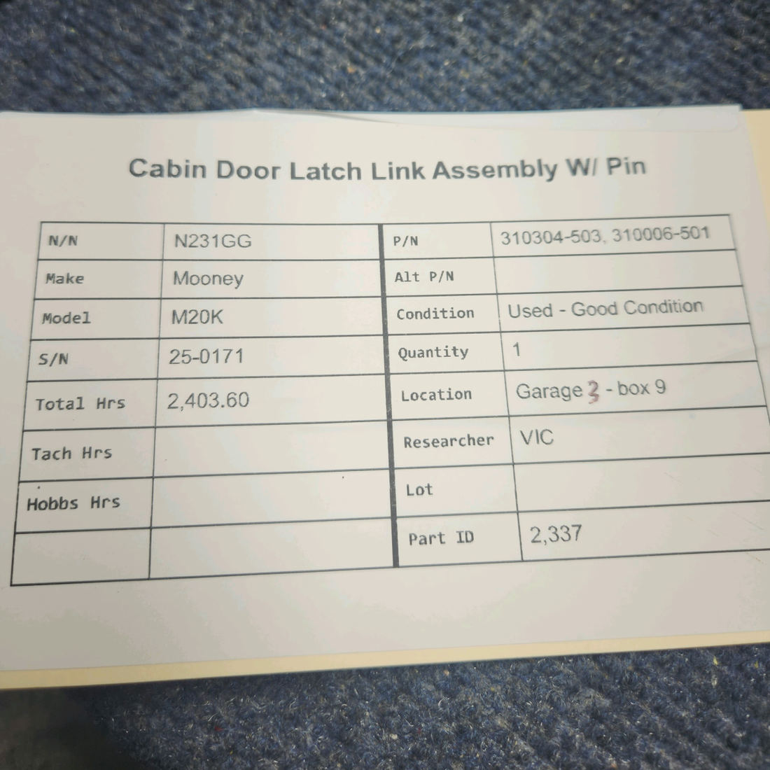 Used aircraft parts for sale, 310304-503, 310006-501 Mooney M20K CABIN DOOR LATCH LINK ASSEMBLY W/ PIN