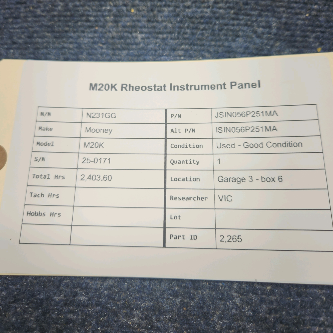 Used aircraft parts for sale, JSIN056P251MA Mooney M20K RHEOSTAT INSTRUMENT PANEL