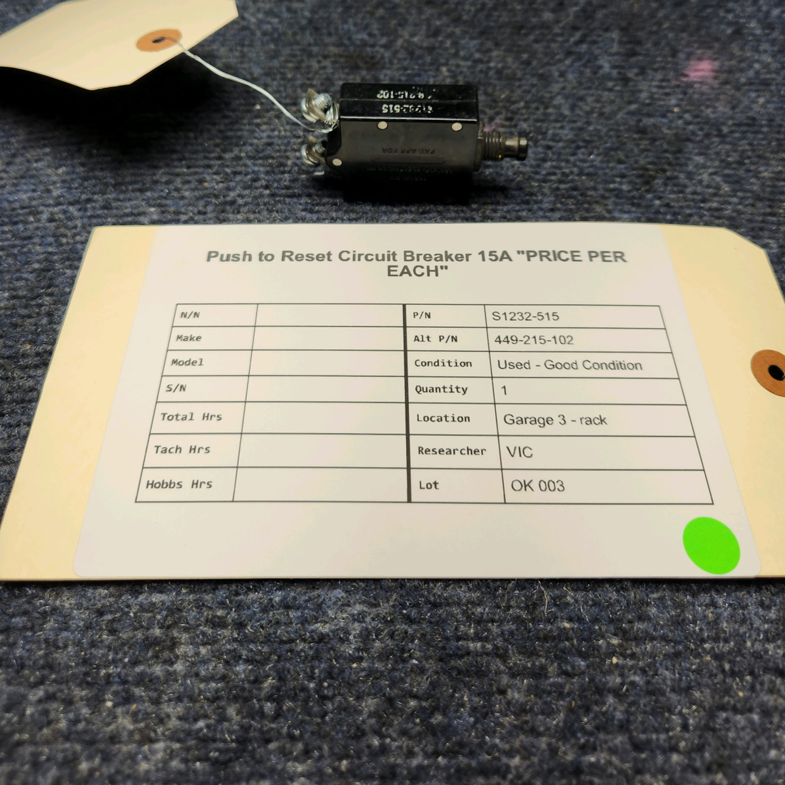 Used aircraft parts for sale, S1232-515 Wood Electric PUSH TO RESET CIRCUIT BREAKER 15A "PRICE PER EACH"