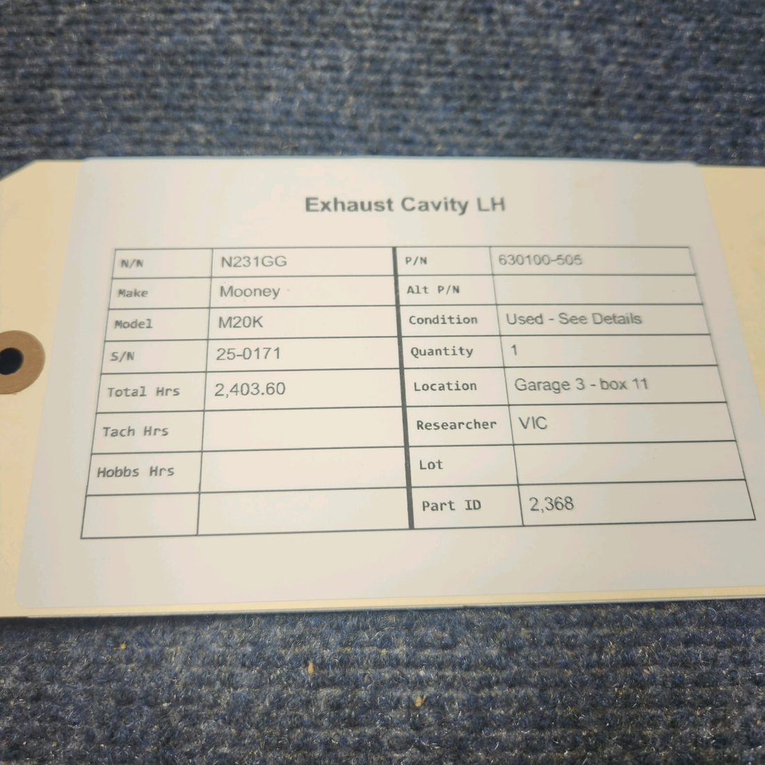 Used aircraft parts for sale, 630100-505 Mooney M20K EXHAUST CAVITY LH
