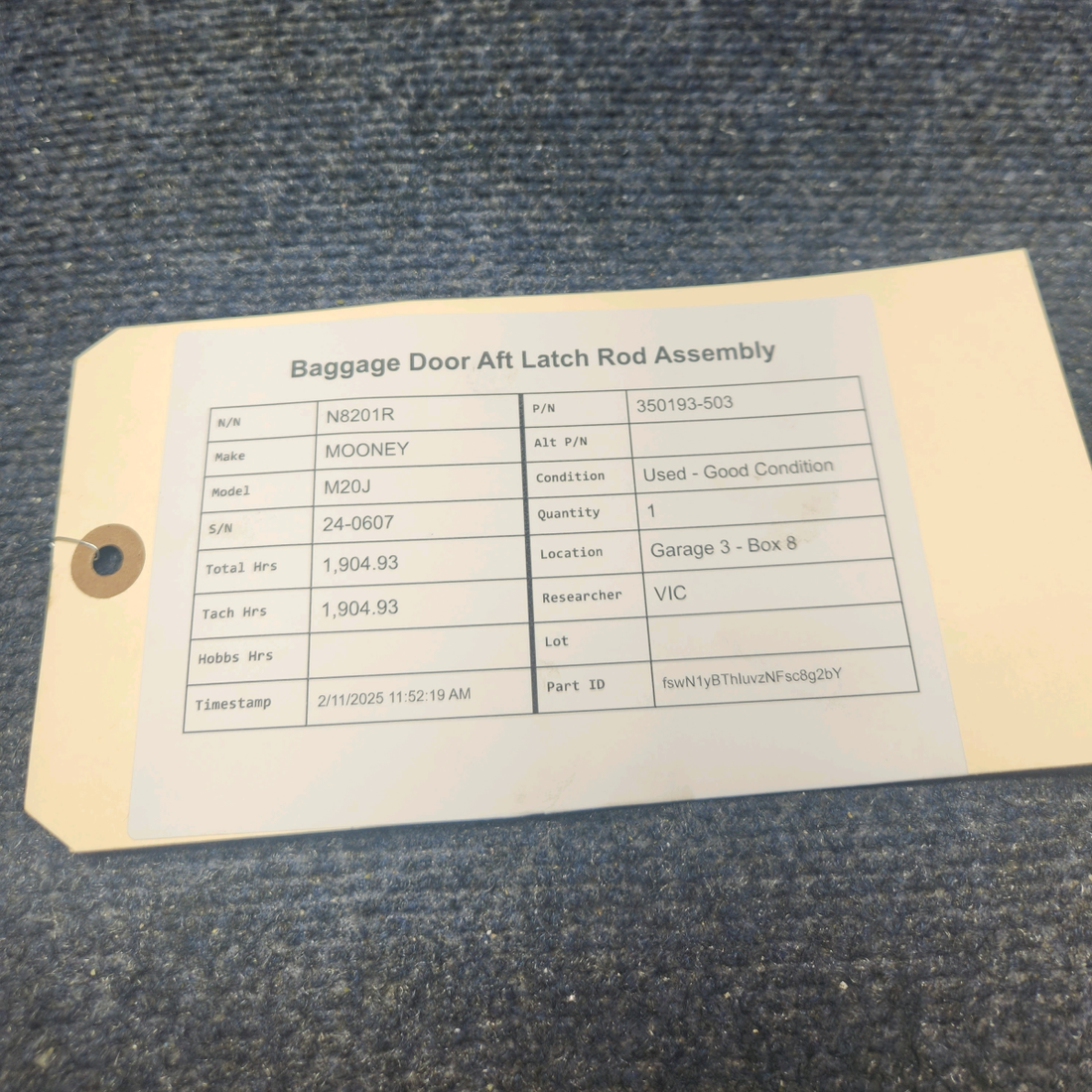 Used aircraft parts for sale, 350193-503 Mooney M20J BAGGAGE DOOR AFT LATCH ROD ASSEMBLY