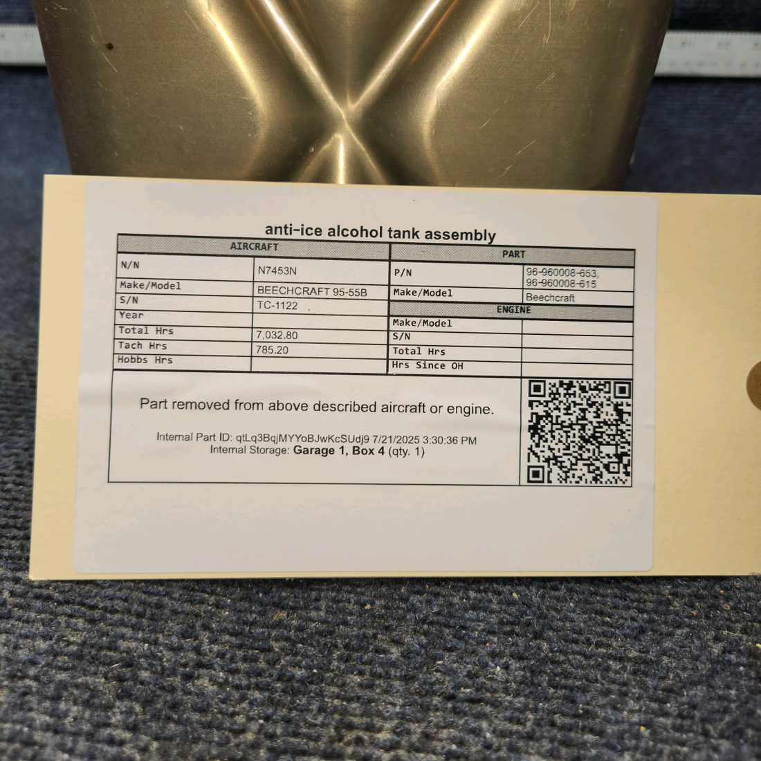 Used aircraft parts for sale, 96‑960008‑653 BEECHCRAFT 95-55B Anti-Ice Alcohol Tank Assembly