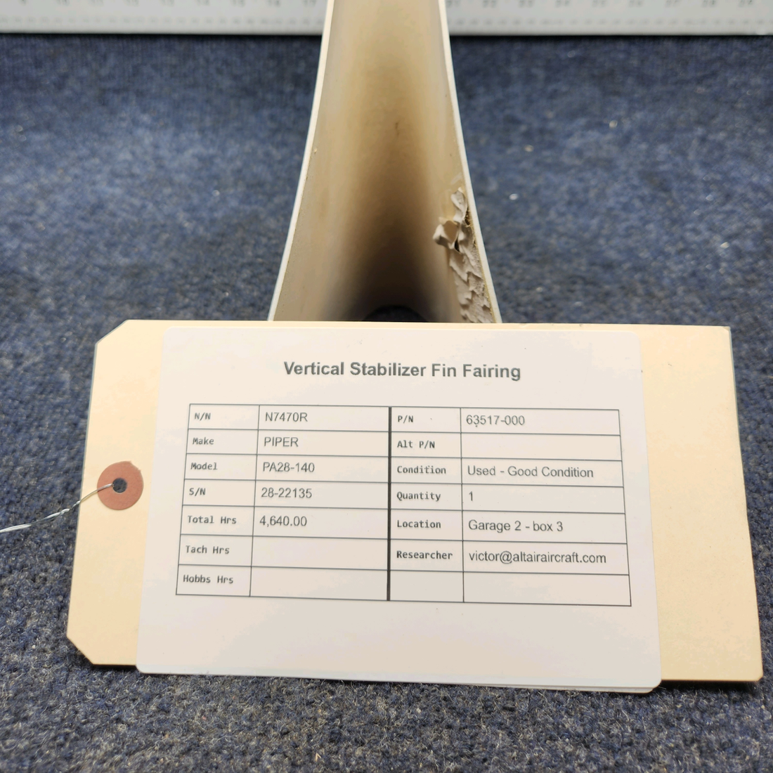 Used aircraft parts for sale, 63517-000 PIPER PA28-140 VERTICAL STABILIZER FIN FAIRING