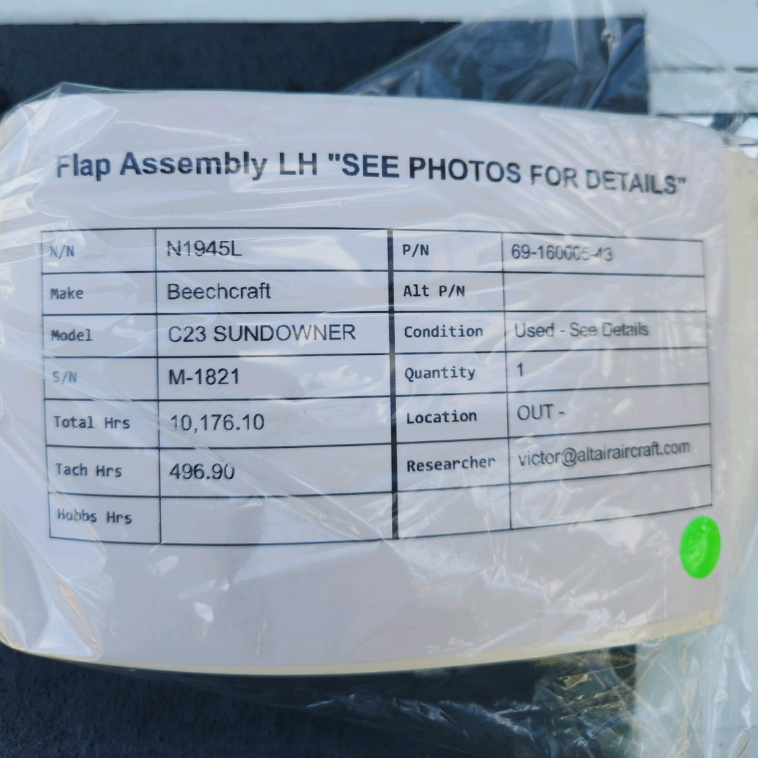 Used aircraft parts for sale, 69-160005-43 Beechcraft C23 SUNDOWNER FLAP ASSEMBLY LH "SEE PHOTOS FOR DETAILS"