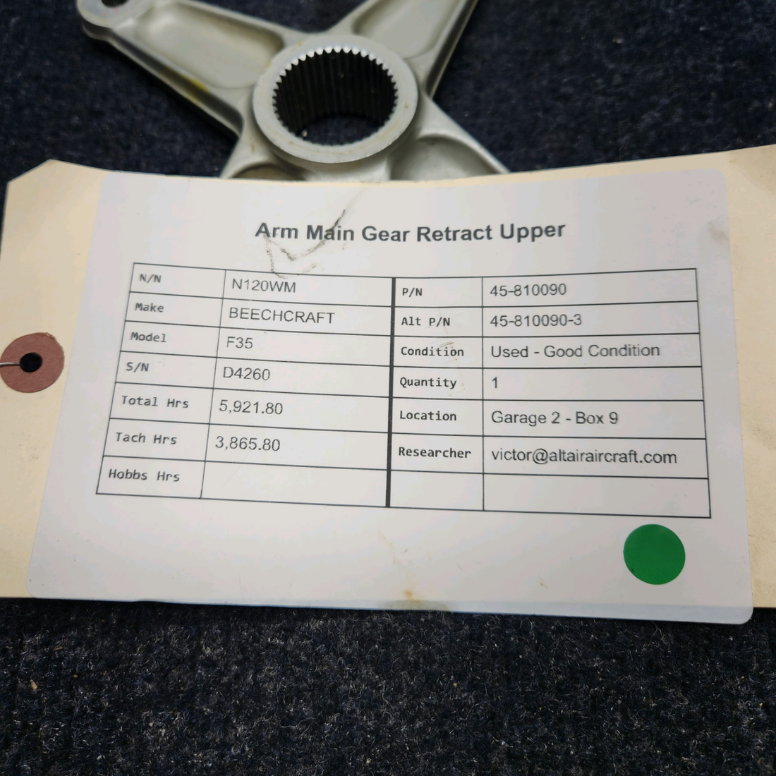Used aircraft parts for sale, 45-810090 BEECHCRAFT F35 ARM MAIN GEAR RETRACT UPPER