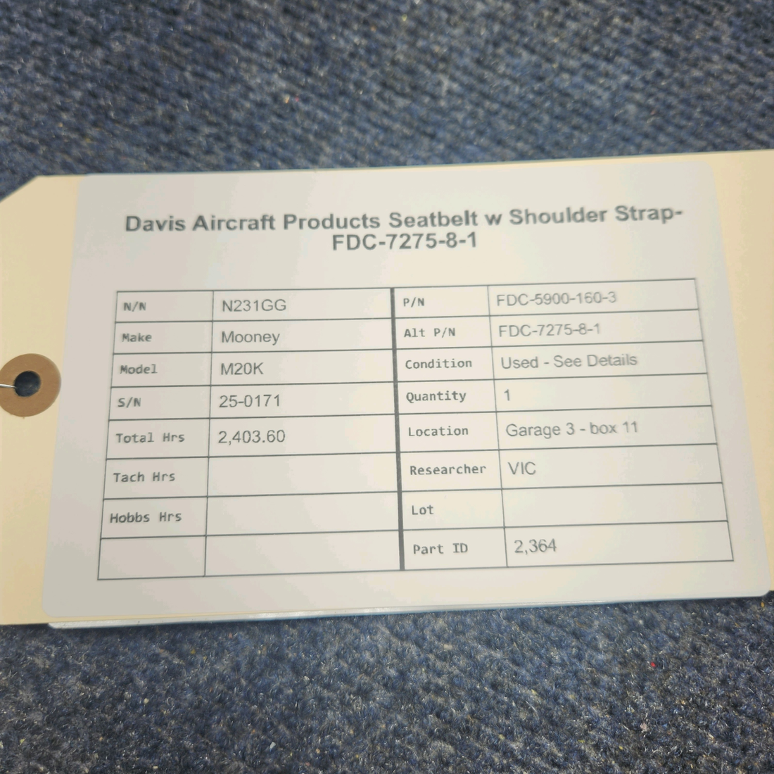 Used aircraft parts for sale, FDC-5900-160-3 Mooney M20K DAVIS AIRCRAFT PRODUCTS SEATBELT W SHOULDER STRAP-FDC-7275-8-1