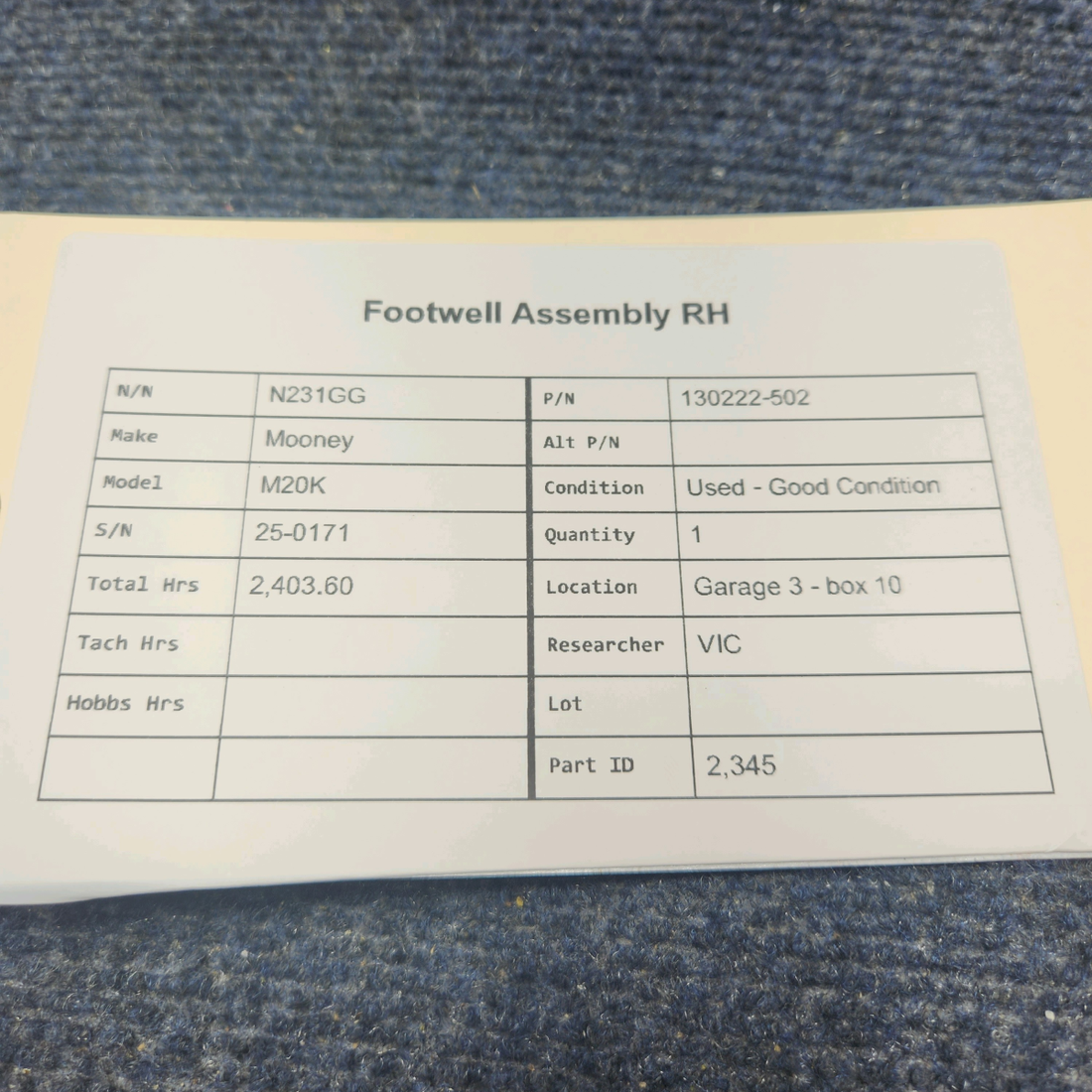 Used aircraft parts for sale, 130222-502 Mooney M20K FOOTWELL ASSEMBLY RH