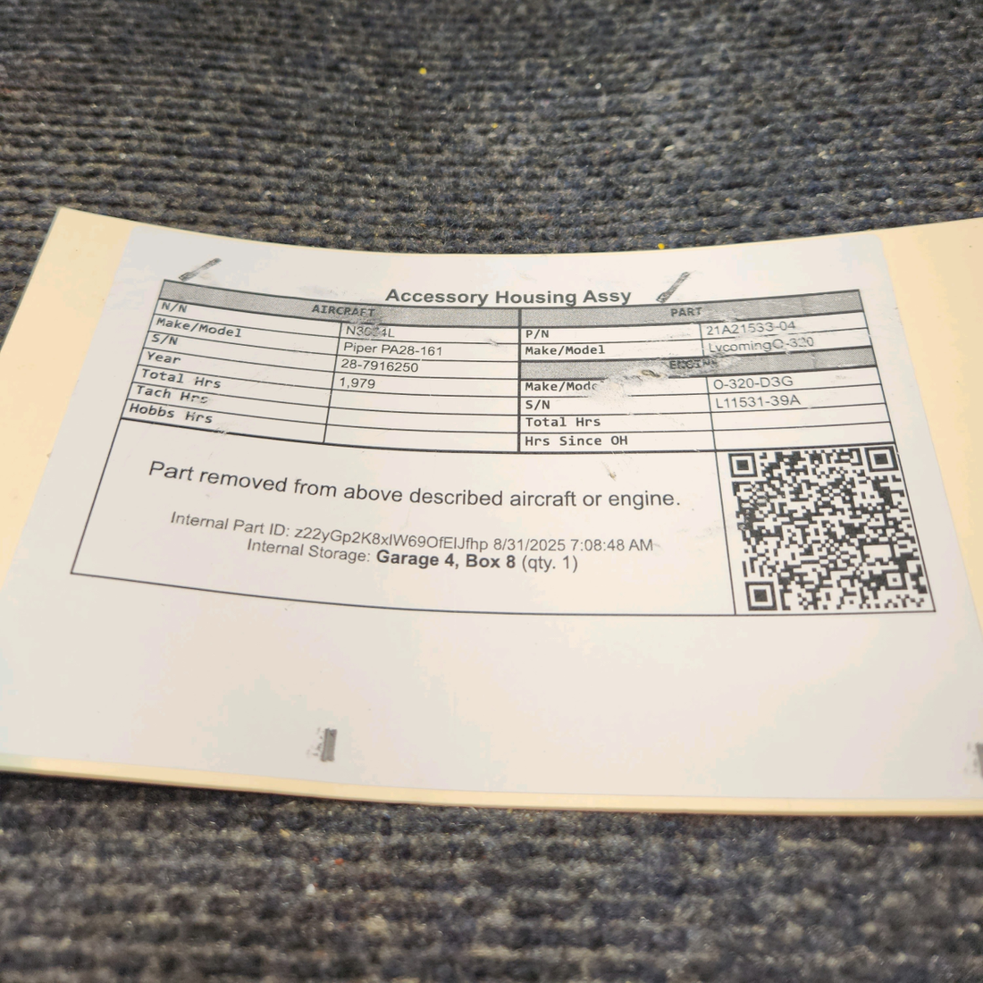 Used aircraft parts for sale, 21A21533-04 Lycoming O-320 Piper PA28-161 Accessory  Housing Assy