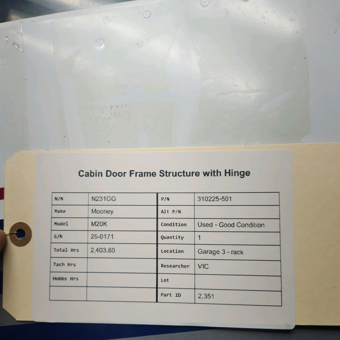 Used aircraft parts for sale, 310225-501 Mooney M20K CABIN DOOR FRAME STRUCTURE WITH HINGE