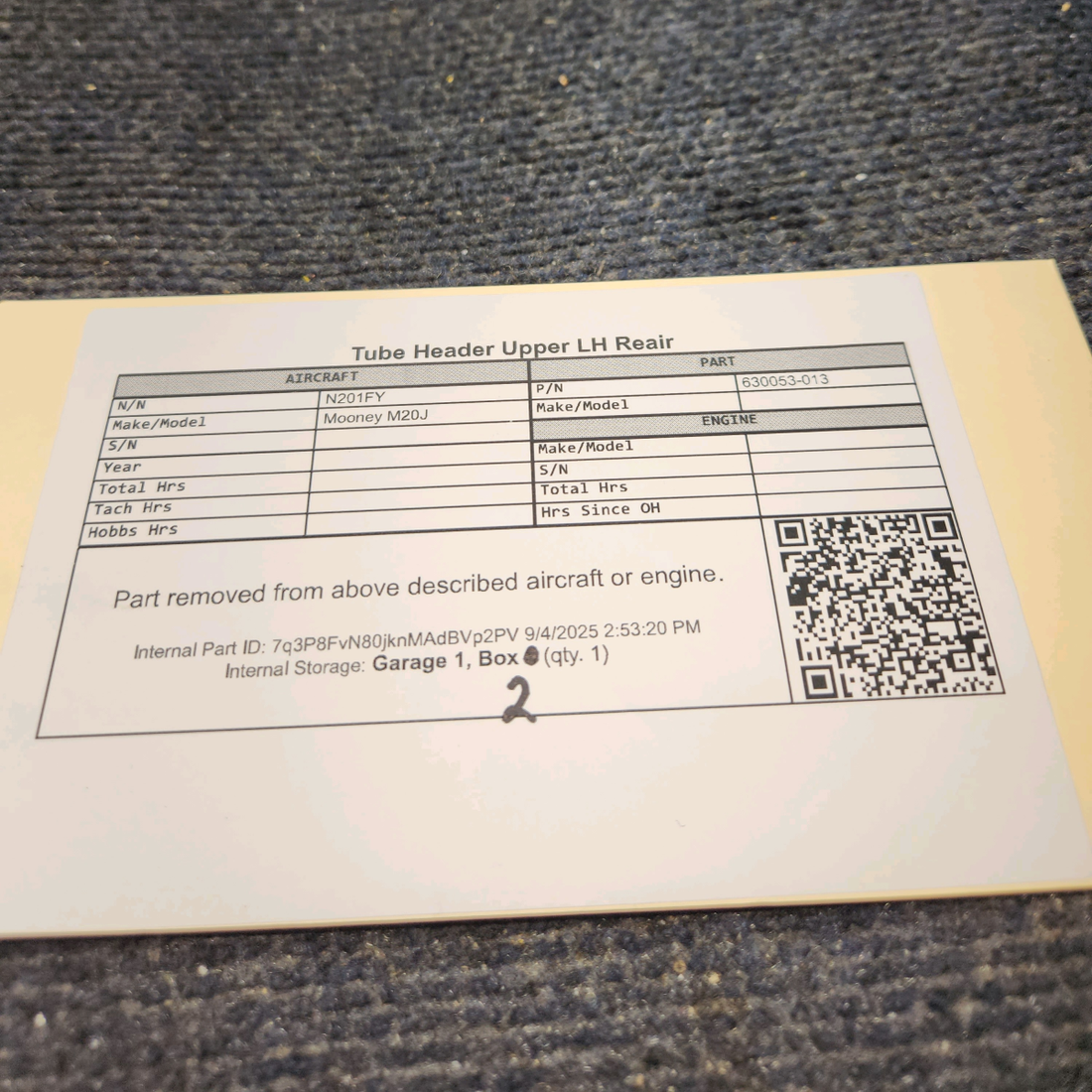 Used aircraft parts for sale, 630053-013 Mooney M20J Upper Rear Header Tube – LH