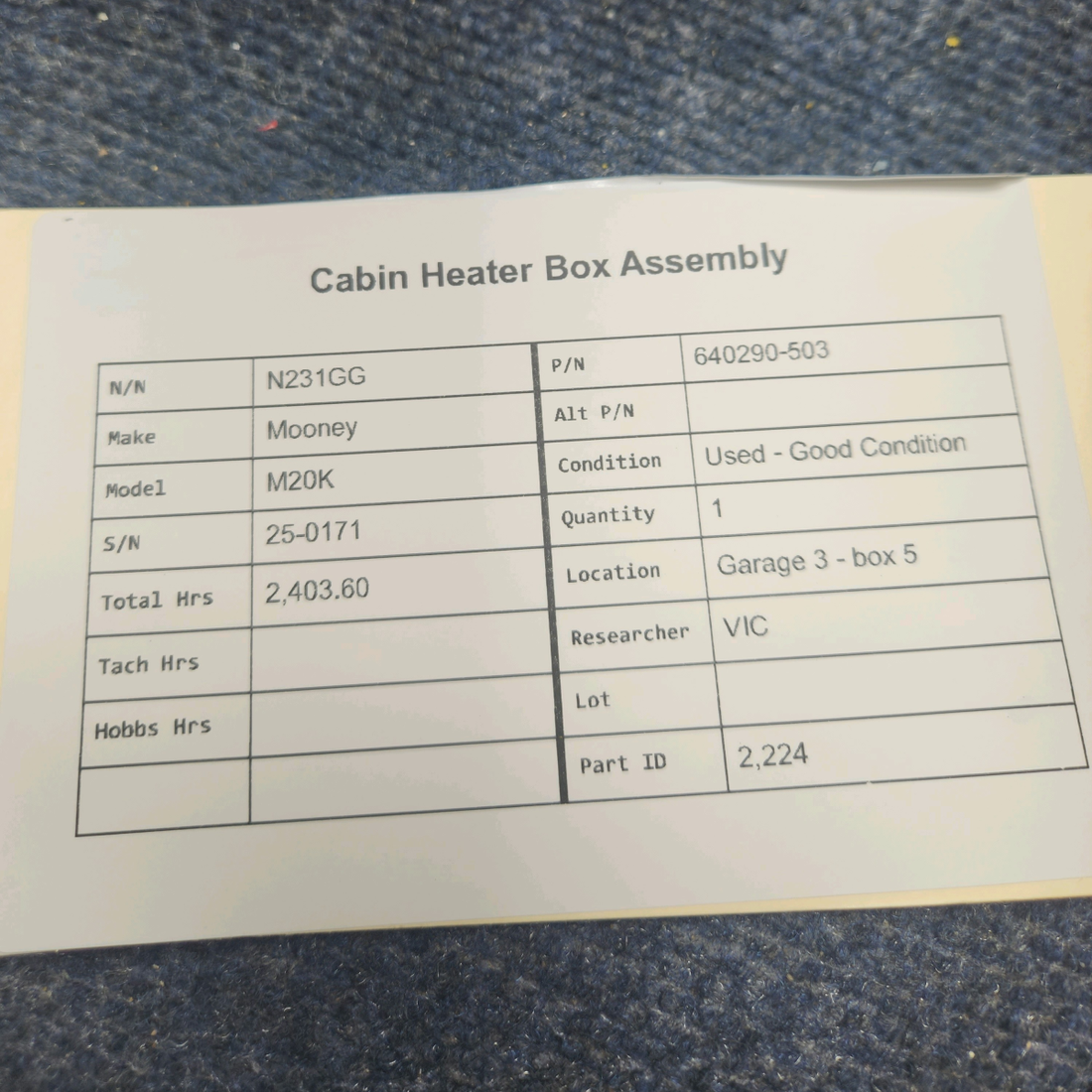 Used aircraft parts for sale, 640290-503 Mooney M20K CABIN HEATER BOX ASSEMBLY