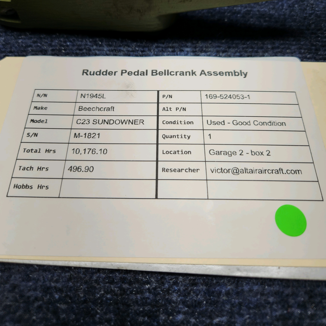 Used aircraft parts for sale, 169-524053-1 Beechcraft C23 SUNDOWNER RUDDER PEDAL BELLCRANK ASSEMBLY