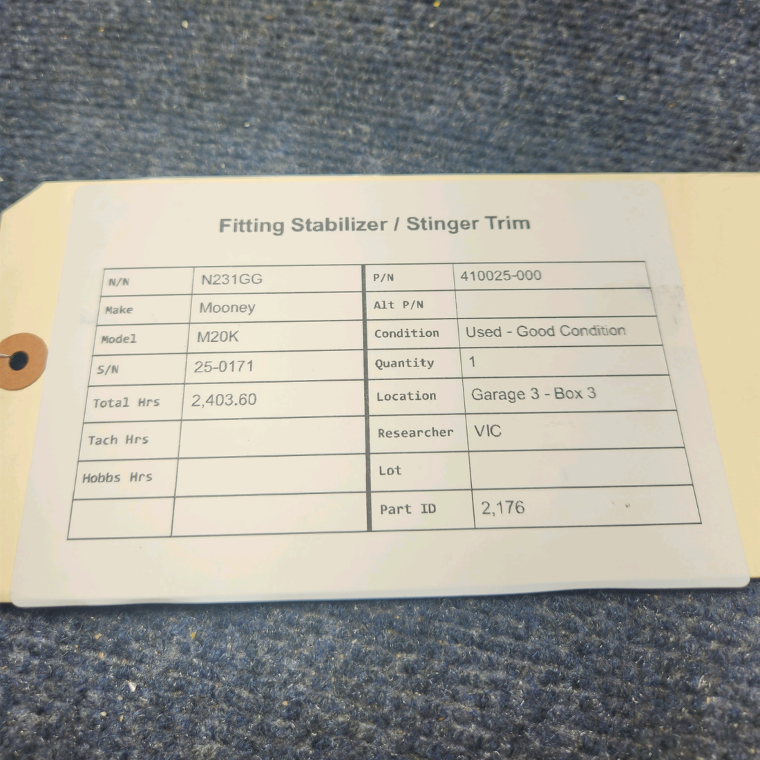 Used aircraft parts for sale, 410025-000 Mooney M20K FITTING STABILIZER / STINGER TRIM