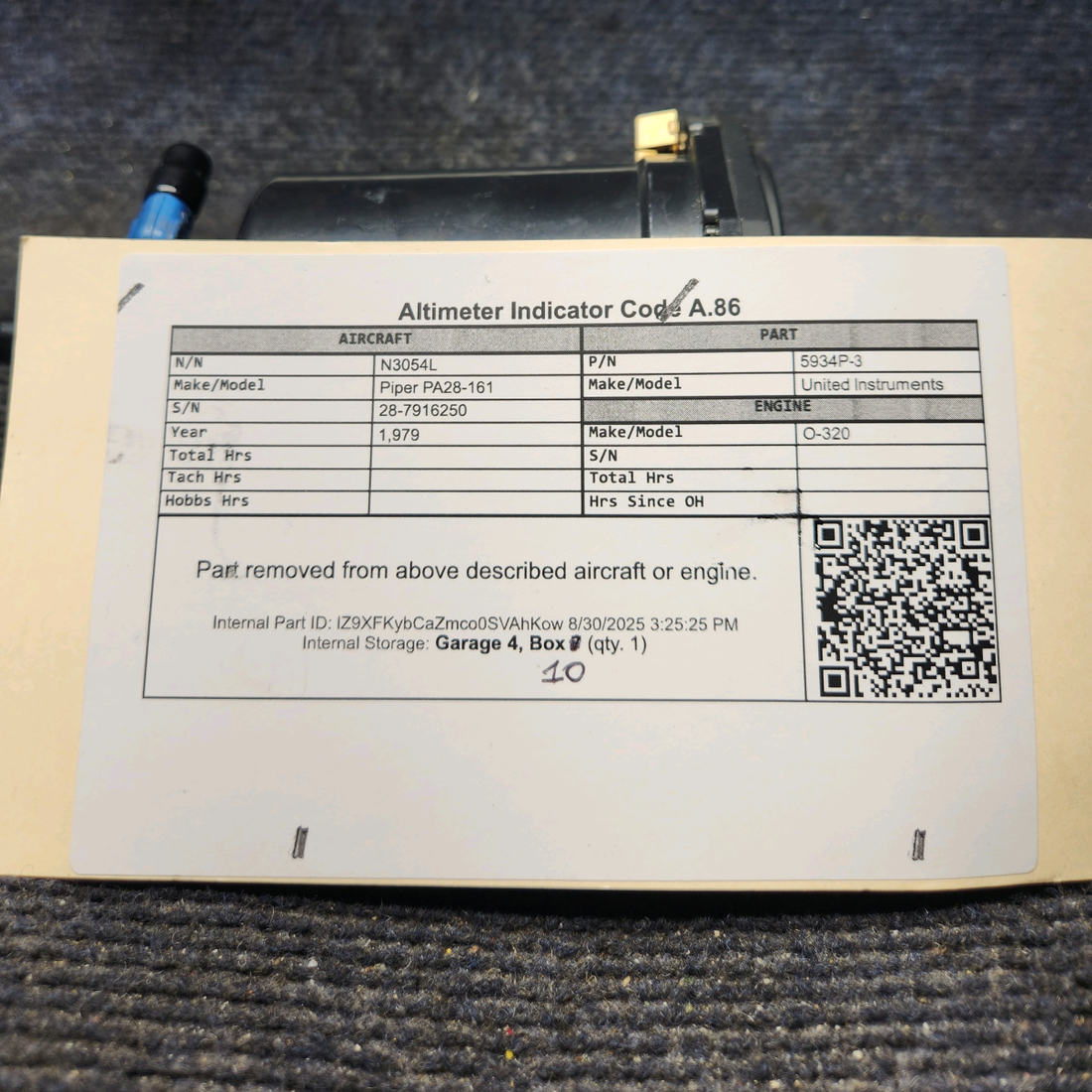 Used aircraft parts for sale, 5934P-3 United Instruments Piper PA28-161 Altimeter Indicator Code A.86