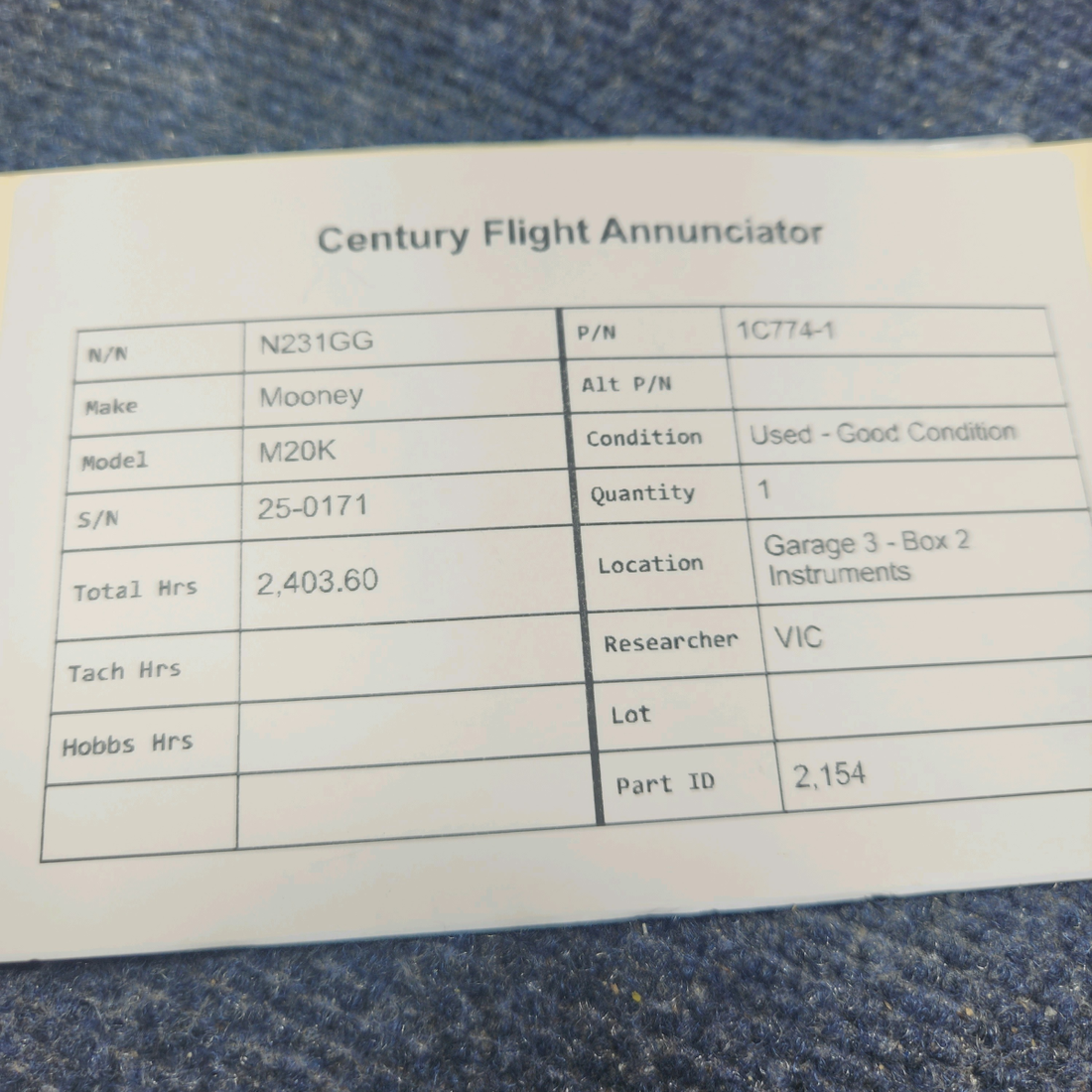 Used aircraft parts for sale, 1C774-1 Century Mooney M20K CENTURY FLIGHT ANNUNCIATOR