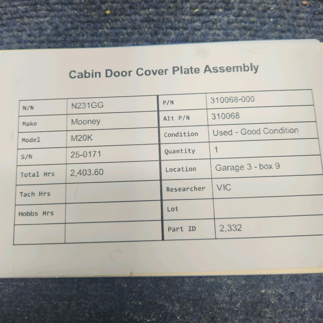 Used aircraft parts for sale, 310068-000 Mooney M20K CABIN DOOR COVER PLATE ASSEMBLY