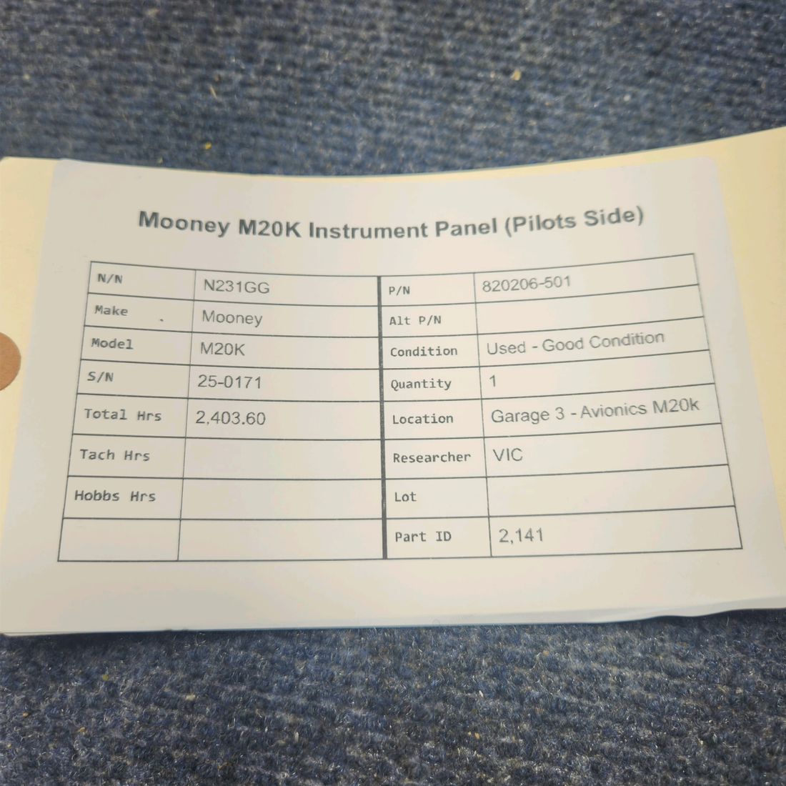 Used aircraft parts for sale, 820206-501 Mooney M20K INSTRUMENT PANEL  (PILOTS SIDE)