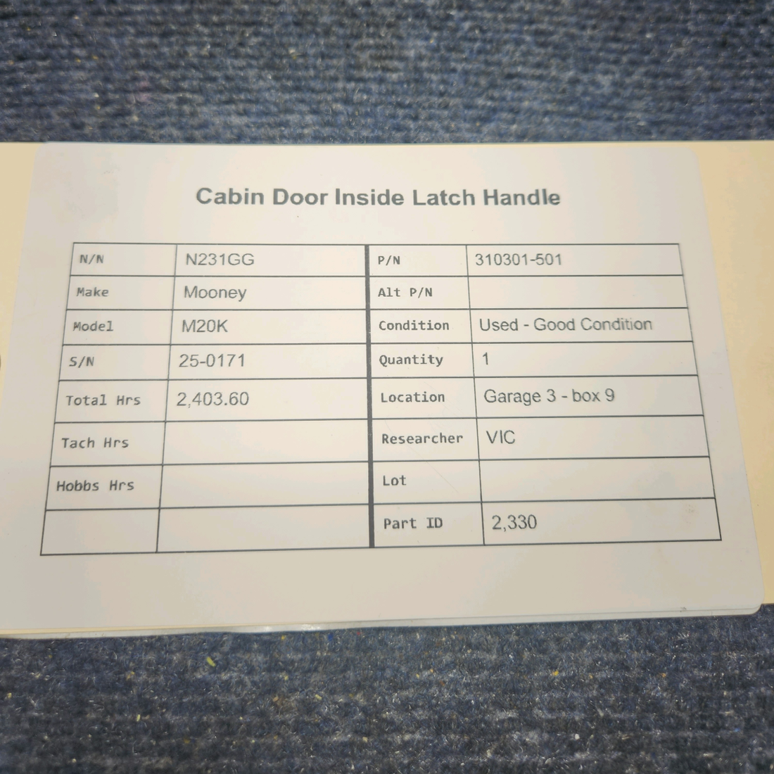Used aircraft parts for sale, 310301-501 Mooney M20K CABIN DOOR INSIDE LATCH HANDLE