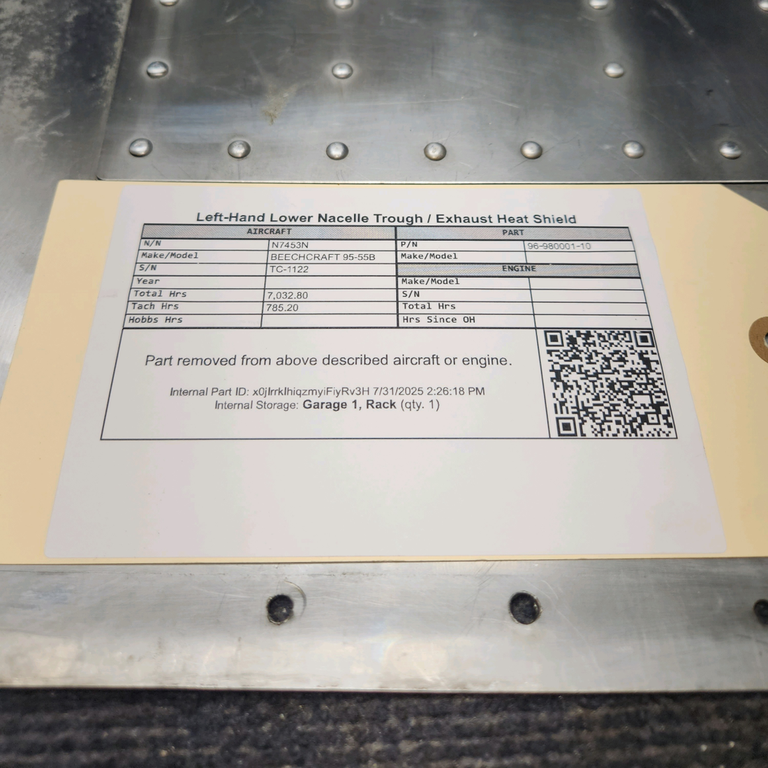 Used aircraft parts for sale, 96‑980001‑9 BEECHCRAFT 95-55B Exhaust Heat Shield - LH