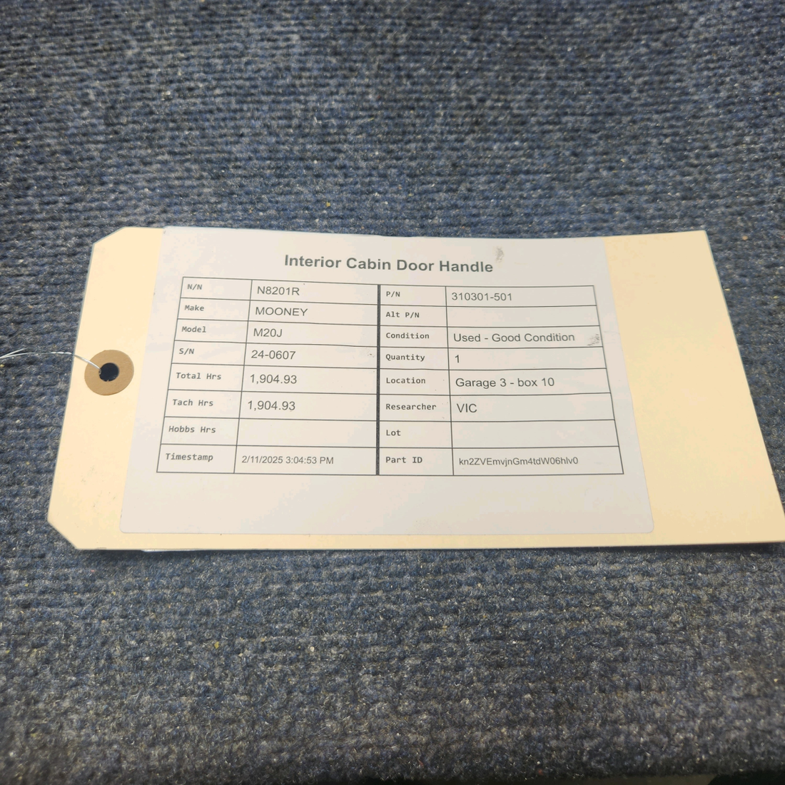 Used aircraft parts for sale, 310301-501 Mooney M20J INTERIOR CABIN DOOR HANDLE