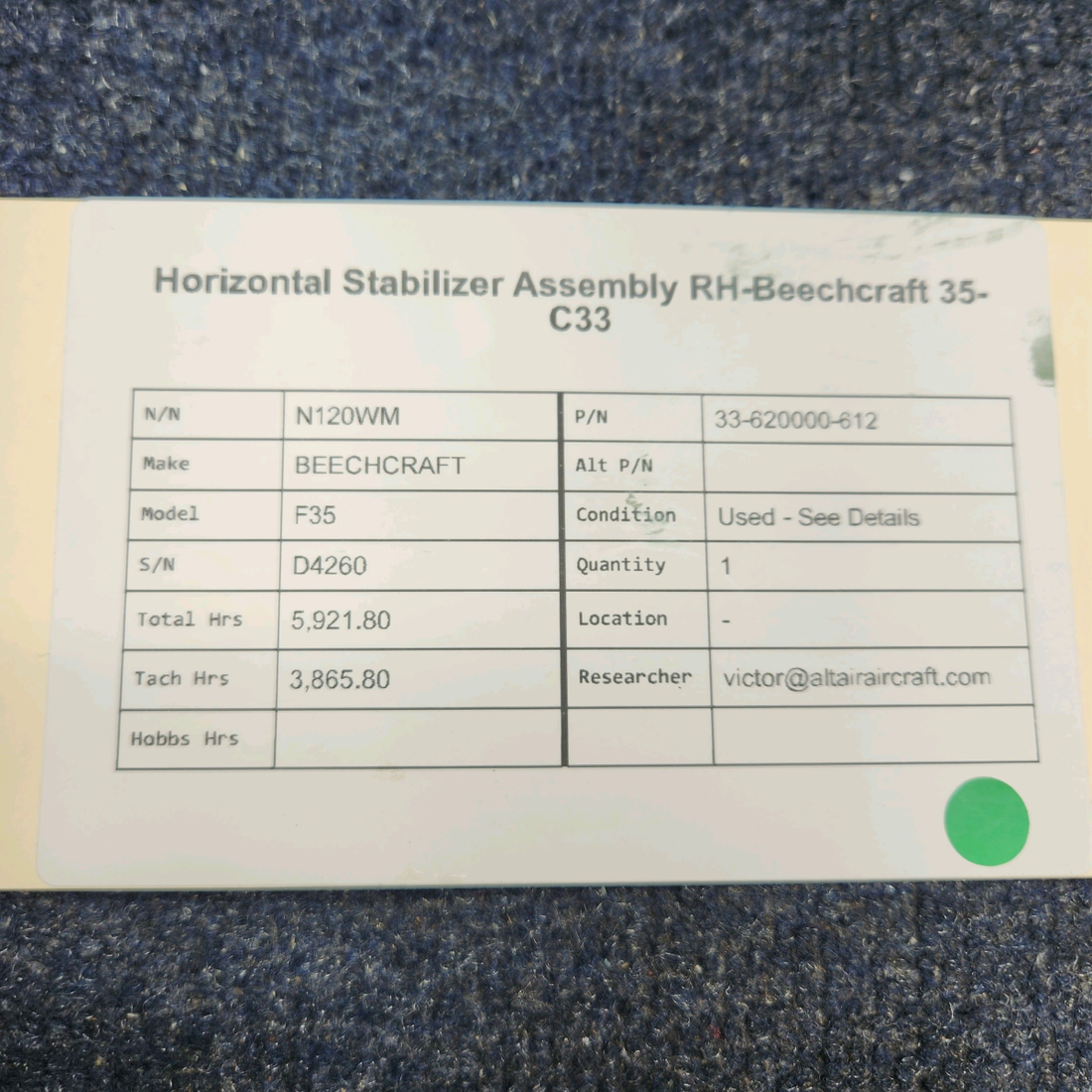 Used aircraft parts for sale, 33-620000-612 BEECHCRAFT F35 HORIZONTAL STABILIZER ASSEMBLY RH-BEECHCRAFT 35-C33