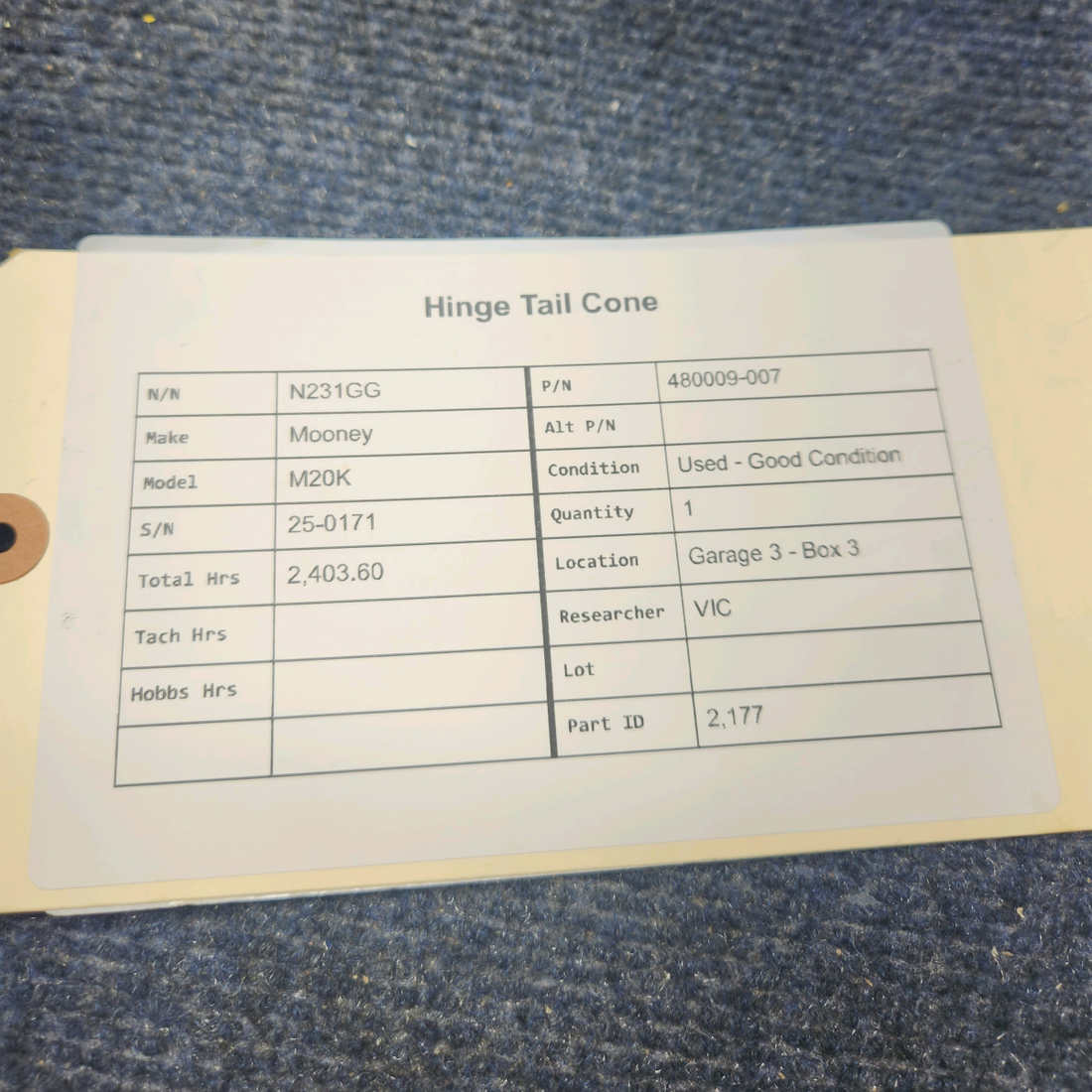 Used aircraft parts for sale, 480009-007 Mooney M20K HINGE TAIL CONE