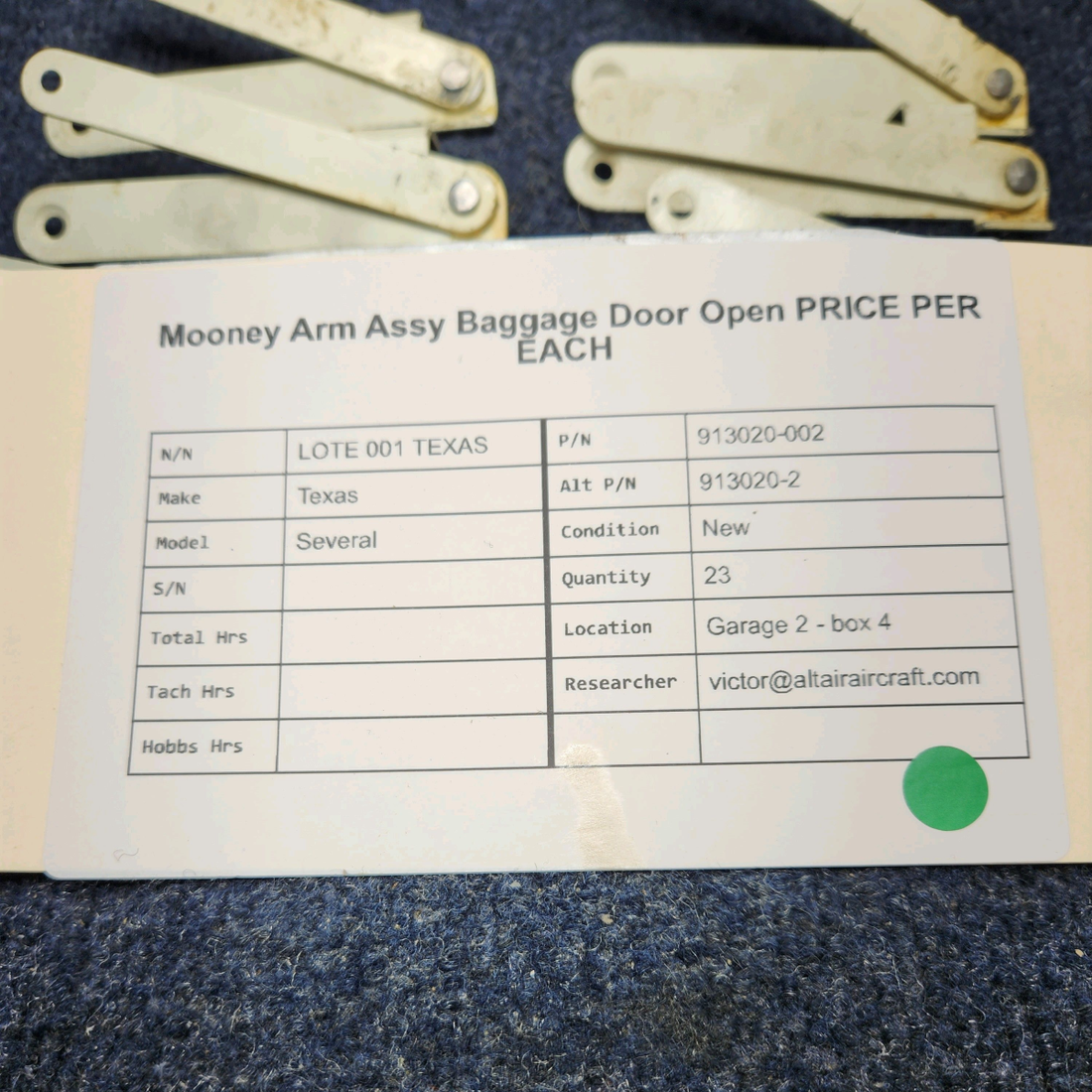 Used aircraft parts for sale, 913020-002 Texas Several MOONEY ARM ASSY BAGGAGE DOOR OPEN PRICE PER EACH