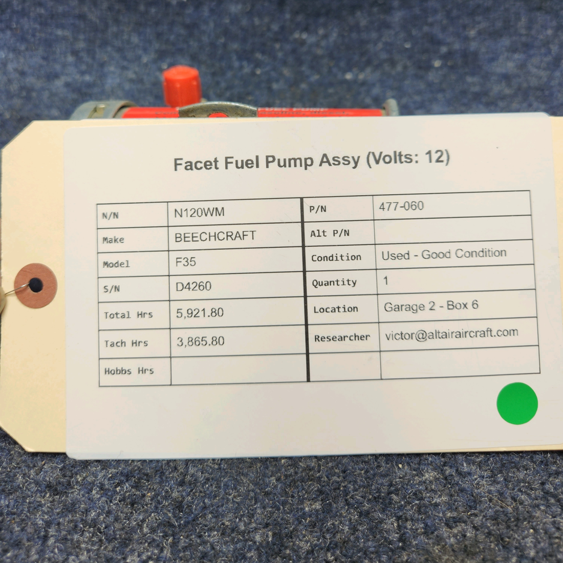Used aircraft parts for sale, 477-060 BEECHCRAFT F35 FACET FUEL PUMP ASSY (VOLTS: 12)