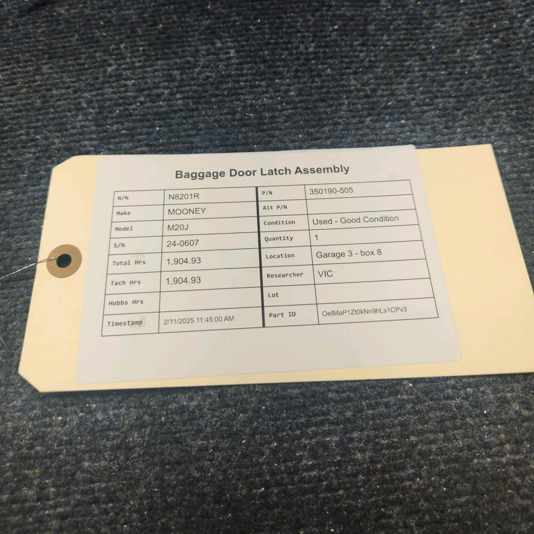 Used aircraft parts for sale, 350190-505 Mooney M20J BAGGAGE DOOR LATCH ASSEMBLY