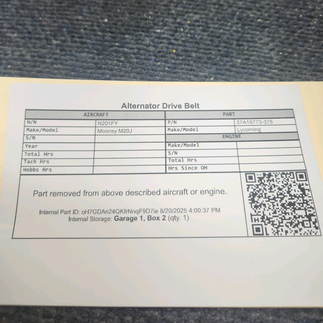 Used aircraft parts for sale, 37A19773-376 Lycoming Mooney M20J Alternator Drive Belt