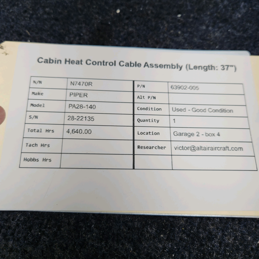 Used aircraft parts for sale, 63902-005 PIPER PA28-140 CABIN HEAT CONTROL CABLE ASSEMBLY (LENGTH: 37")